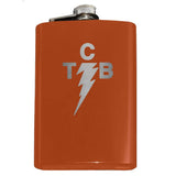 Custom Engraved TCB Lightning Bolt Flask-Custom Engraved TCB Lightning Symbol Flask. The perfect accessory for when you're Taking Care of Business like the King of Rock and Roll. Custom Engraved 8oz Stainless Steel Hip / Pocket Flask. Easy closure screw cap lid. Holds eight shots. Optional funnel or gift box with funnel and shot glasses. Bespoke options.-Orange-Just the Flask-616641499792