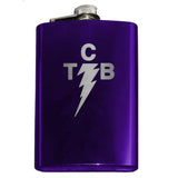 Custom Engraved TCB Lightning Bolt Flask-Custom Engraved TCB Lightning Symbol Flask. The perfect accessory for when you're Taking Care of Business like the King of Rock and Roll. Custom Engraved 8oz Stainless Steel Hip / Pocket Flask. Easy closure screw cap lid. Holds eight shots. Optional funnel or gift box with funnel and shot glasses. Bespoke options.-Purple-Just the Flask-616641499792