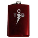 Custom Engraved TCB Lightning Bolt Flask-Custom Engraved TCB Lightning Symbol Flask. The perfect accessory for when you're Taking Care of Business like the King of Rock and Roll. Custom Engraved 8oz Stainless Steel Hip / Pocket Flask. Easy closure screw cap lid. Holds eight shots. Optional funnel or gift box with funnel and shot glasses. Bespoke options.-Red-Just the Flask-616641499792