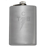 Custom Engraved TCB Lightning Bolt Flask-Custom Engraved TCB Lightning Symbol Flask. The perfect accessory for when you're Taking Care of Business like the King of Rock and Roll. Custom Engraved 8oz Stainless Steel Hip / Pocket Flask. Easy closure screw cap lid. Holds eight shots. Optional funnel or gift box with funnel and shot glasses. Bespoke options.-Stainless Steel-Just the Flask-616641499792