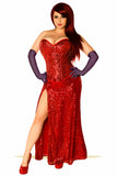 Miss Jessica Nightclub Singer Costume - 4pc Set-Red sequin fullbust sweetheart neckline steel boned corset costume. Cotton Twill lining, Modesty panel. Sturdy grommets cord laced for cinching. Sequined 40in skirt w/high thigh slit, lined. Gloves & garters Ships from USA. sexy framed rabbit cartoon stage bunny who roger busty lounge cosplay curvy kink roleplay plus size-Small-612058859938