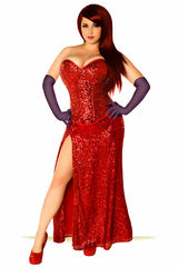 Miss Jessica Nightclub Singer Costume - 4pc Set-Red sequin fullbust sweetheart neckline steel boned corset costume. Cotton Twill lining, Modesty panel. Sturdy grommets cord laced for cinching. Sequined 40in skirt w/high thigh slit, lined. Gloves & garters Ships from USA. sexy framed rabbit cartoon stage bunny who roger busty lounge cosplay curvy kink roleplay plus size-Small-612058859938