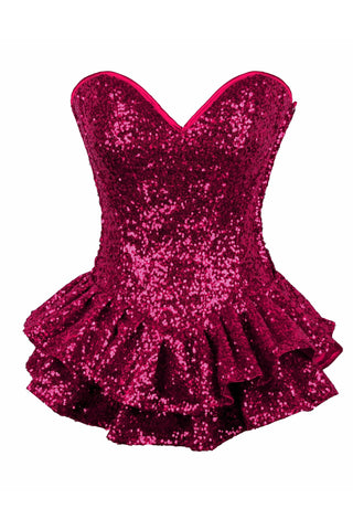 -Sweetheart neckline corset dress, high quality sequin fabric, side zipper closure with privacy panel. 8 spiral steel bones, 4 static bones, cotton Twill lining 6" Modesty panel, nickel brass grommets thick cord back lacing for cinching. Ships from USA. Fuchsia deep pink red holiday party dress regular plus size busty-Small-655222169945