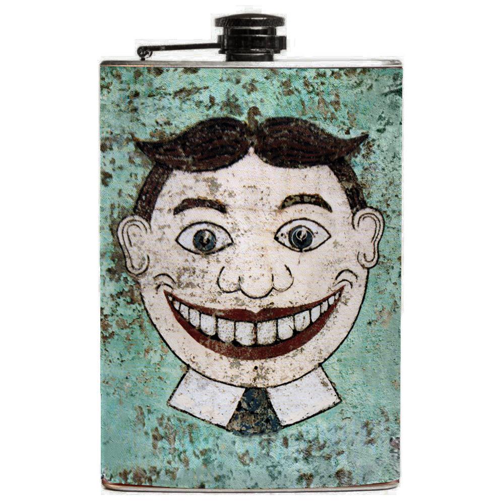 Retro Tillie Flask-Retro kitsch NJ Tillie Face Flask. Brand New 8oz stainless steel flask with easy closure screw cap lid. Artwork of Asbury Park, New Jersey's iconic Tillie wall on waterproof vinyl. Holds eight shots. Optional funnel or gift box with funnel & shot glasses. Made-to-order and typically ships in 2-3 Business Days.-Just the Flask-796752938400