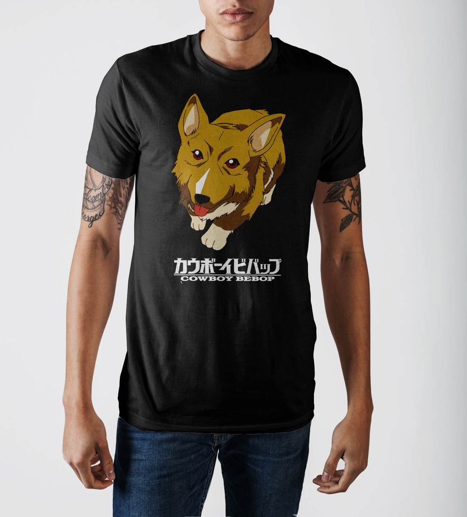 Cowboy Bebop Ein The Welsh Corgi Dog Graphic Tee, Officially Licensed-We don't know what was done to Ein's intelligence, but he's the smartest Pembroke Welsh Corgi around. Show off your Cowboy Bebop anime fandom in this super comfy mens / unisex graphic tee. Officially licensed Cowboy Bebop anime apparel. Ships from the USA. Einstein Dog Sunrise Cult Classic Anime Space Western カウボーイビバップ-Black-S-