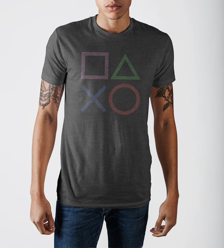 PLAYSTATION Vintage Style Controller Icons Tee, Officially Licensed-The classic Playstation controller button symbols in soft to the touch retro print on a comfy charcoal heather tee. Officially licensed Sony Playstation apparel. This shirt typically ships in 2-3 business days from within the USA. PS1 PS2 PS3 PS4 PS5 Videogame Console Gamer Gaming VIdeo Game Geek Nostalgia Fashion-CHARCOAL-S-