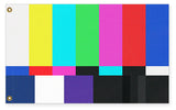 Retro TV Test Pattern Flag Offline Analog Television Color Bars Banner-High quality, professionally printed polyester flag. Single or fully double-sided with blackout layer, grommets or pole pocket / sleeve. 3x2ft / 2x3ft, 5x3ft / 3x5ft, custom. Funny unique retro vintage Television offline analog color bar test pattern pole banner flag. TV broadcast signal CRT SMPTE video display graphic-5 ft x 3 ft-Standard-Grommets-