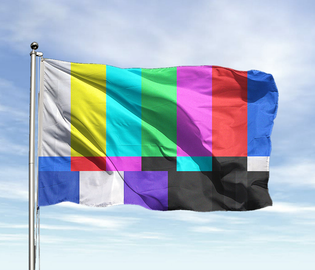Retro TV Test Pattern Flag Offline Analog Television Color Bars Banner-High quality, professionally printed polyester flag. Single or fully double-sided with blackout layer, grommets or pole pocket / sleeve. 3x2ft / 2x3ft, 5x3ft / 3x5ft, custom. Funny unique retro vintage Television offline analog color bar test pattern pole banner flag. TV broadcast signal CRT SMPTE video display graphic-