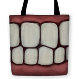 -High quality, woven polyester tote bag with design on both sides. Durable and machine washable. Unique and unusual if not disturbing design featuring a large mouth, outlined by dark lips and oversized teeth. This item is made-to-order and typically ships in 3-5 business days.-