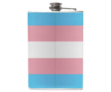 -Transgender Pride Flask. Brand New 8oz stainless steel hip / pocket flask with easy closure screw cap lid with striped pink, white and blue LGBTQ Trans pride flag artwork on waterproof vinyl. Measures 5.5" tall and 3.75" wide and holds eight shots. Optional flask funnel or gift box with funnel & shot glasses-