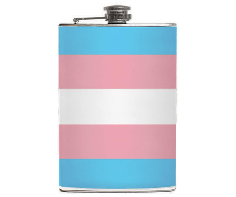 -Transgender Pride Flask. Brand New 8oz stainless steel hip / pocket flask with easy closure screw cap lid with striped pink, white and blue LGBTQ Trans pride flag artwork on waterproof vinyl. Measures 5.5" tall and 3.75" wide and holds eight shots. Optional flask funnel or gift box with funnel & shot glasses-Just the Flask-725185480699
