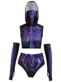 -Unique cyber gothic hooded crop top, briefs and fingerless glove set. Spandex and polyester, slim fit. See size chart in images.Free shipping from abroad.
womens juniors sexy Y2k cyberpunk mk violet skeletal midriff hoodie rave clubwear streetwear punk cybergoth gothic tank top panty synthwave future fashion aesthetic -