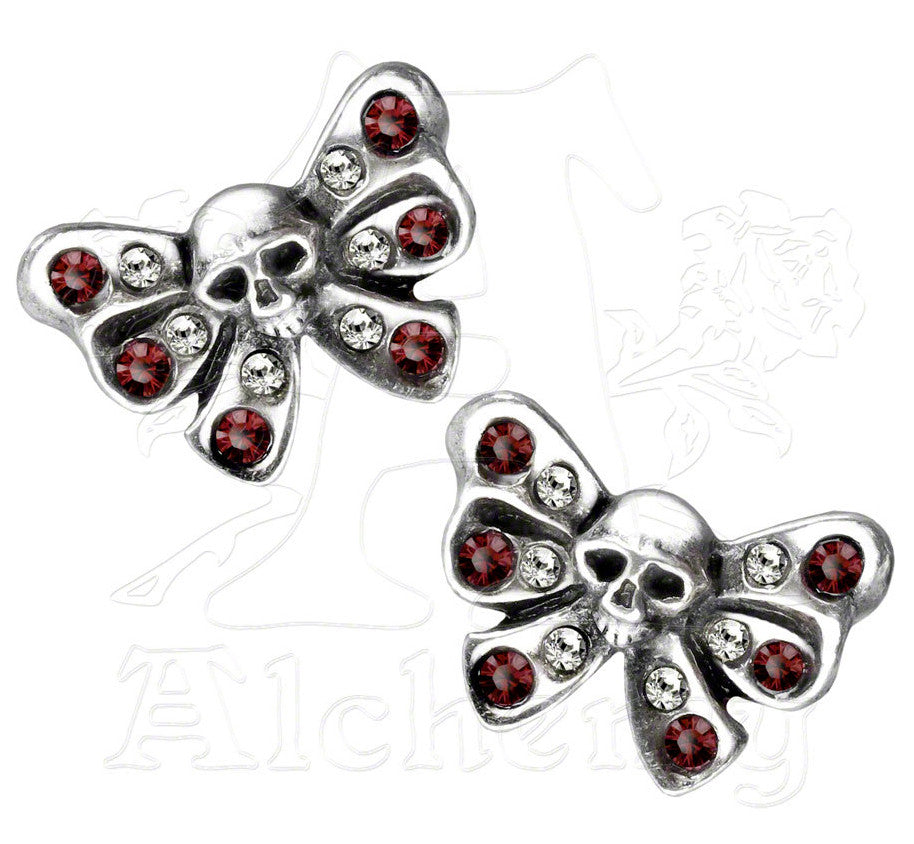 -Alchemy Gothic Bow Belles Stud Earrings

Hand crafted in Sheffield England of lead-free, fine English pewter.

Studded with genuine Swarovski crystals mounted on stainless steel posts.

Each stud measures roughly 0.75 x .55" and 0.59" deep-Silver-
