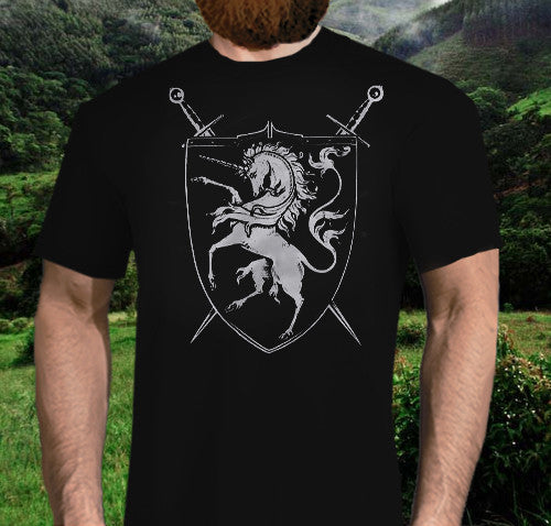 -High Quality, Professionally Screen Printed, 100% Pre-Shrunk Cotton Tee. Available in mens/unisex and women's styles, black or navy with rearing/rampant unicorn shield and crossed swords heraldry / house crest. Printed in and shipped from the USA. fantasy thrones game medieval renaissance ren-faire cheap free shipping-