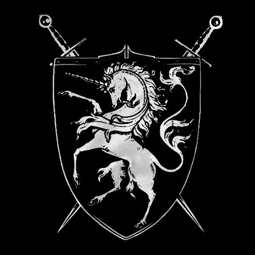 -High Quality, Professionally Screen Printed, 100% Pre-Shrunk Cotton Tee. Available in mens/unisex and women's styles, black or navy with rearing/rampant unicorn shield and crossed swords heraldry / house crest. Printed in and shipped from the USA. fantasy thrones game medieval renaissance ren-faire cheap free shipping-