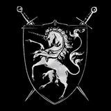 -High Quality, Professionally Screen Printed, 100% Pre-Shrunk Cotton Tee. Available in mens/unisex and women's styles, black or navy with rearing/rampant unicorn shield and crossed swords heraldry / house crest. Printed in and shipped from the USA. fantasy thrones game medieval renaissance ren-faire cheap free shipping-Mens/Unisex Small-Black-