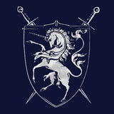 -High Quality, Professionally Screen Printed, 100% Pre-Shrunk Cotton Tee. Available in mens/unisex and women's styles, black or navy with rearing/rampant unicorn shield and crossed swords heraldry / house crest. Printed in and shipped from the USA. fantasy thrones game medieval renaissance ren-faire cheap free shipping-Fitted Women's Small-Navy-
