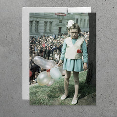 Ukrainian Balloon Girl Blank Occasion Cards, 5x5 or 5x7 -High quality blank greeting card on fine cardstock w/envelope. Funny meme Ukranian birthday card party invitation unimpressed killjoy gothic punk wet blanket pooper soviet russian vintage antique photo joke gift get well thinking of you angry sorry card for sister bff best friend awkward geek nerdy memes over the hill-5x7 inch-1 Card-