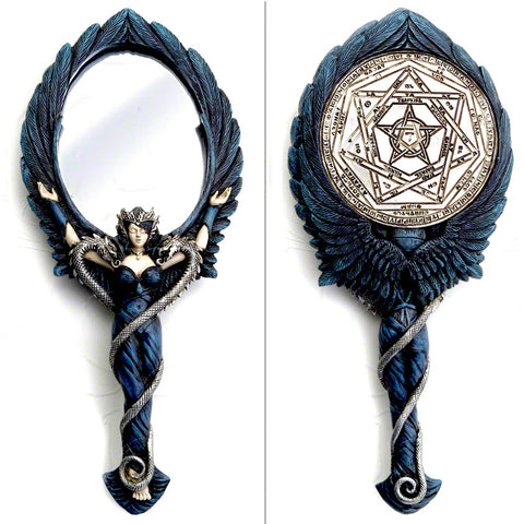 Alchemy Gothic Black Angel Hand Mirror-One of the most alluring of the high order of angels, invoked by the Sigilum Aemeth, Doctor John Dee's scrying stone. Hand Painted Resin. Brand New in box.-664427039595