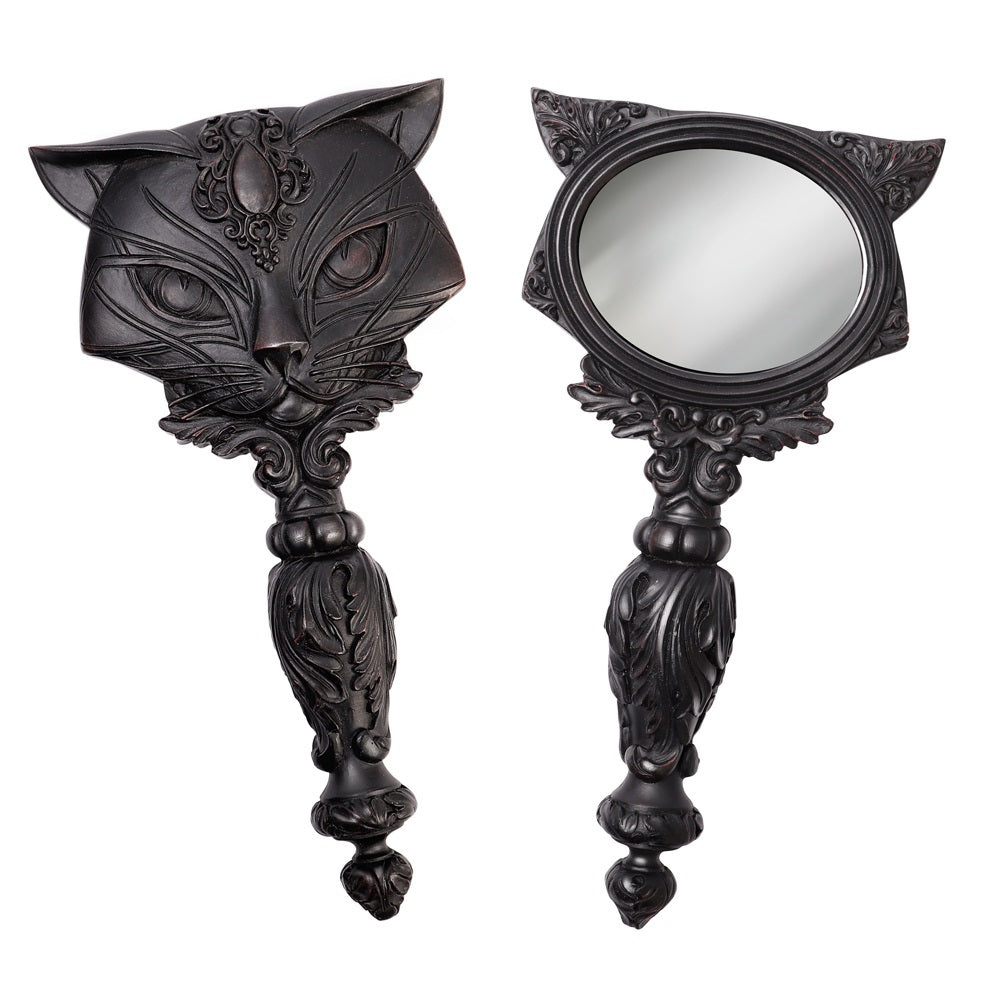Black Cat Hand Mirror, Alchemy Gothic - UK Gothic Home Decor GIftware-Alchemy Gothic Vault Series Black Cat Hand Mirror,Gaze into the glass long enough and divine the feline prophesies of Ailouros, hearth spirit of the temple of Amun.Brand New in box. High quality poly resin with blackened bronze painted finish and glass mirror. Typically ships in 1-3 business days from within the US.-664427045763
