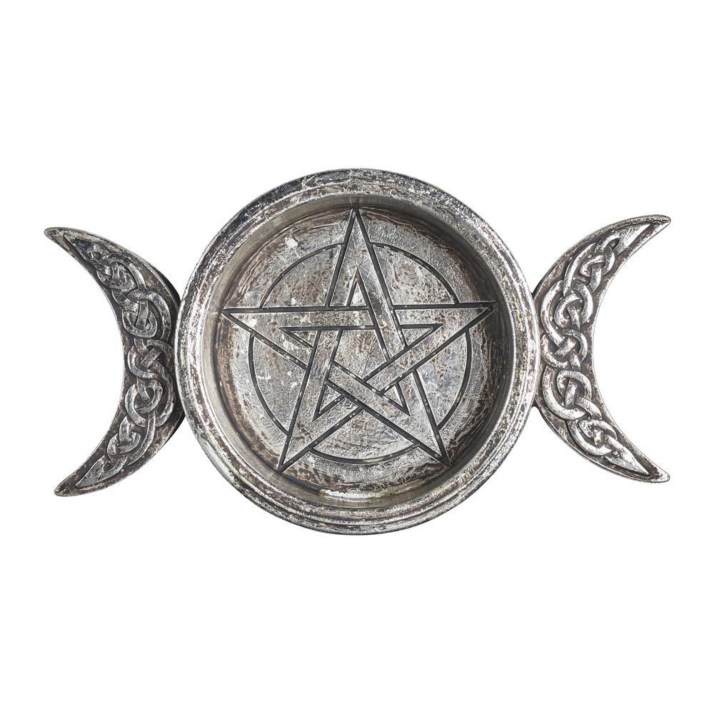 Triple Moon Trinket Dish, Alchemy Gothic Goddess Symbol Pentacle Tray-Alchemy Gothic Triple Moon Trinket DishHallowed altar to the goddess Cerridwen, cauldron of wisdom and vessel of the sacred flame, watched over by the horned crescents of the virgin and the crone. High quality resin goddess symbol trinket dish with pentacle and celtic knotwork. The vanity tray measures approximately 6.5 inches wide, 3-