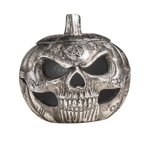 Pumpkin Skull Pot, Alchemy Gothic - Jackolantern Bowl Halloween Decor-Alchemy Gothic Pumpkin Skull Pot Ichabod Crane's immortal adversary carved with sigils of power to enhance his dread influence beyond the confines of All Hallows Eve, and spread terror throughout the rest of the year. High quality poly-resin jackolantern skull with metallic finish. Halloween decor.-