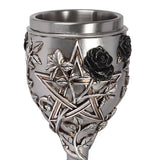 -High quality stainless steel and resin chalice. Vine wrapped stem and base with pentagram, black rose and handpainted antiqued metal finish. Ships from USA. Imported Alchemy of England UK stemware giftware
Medieval renaissance faire stemmed wine glass mead drinking witches wicca wiccan decorative altar libation cup
-
