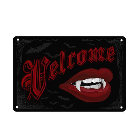 Velcome Sign, 8x12 inch Vampire Metal Welcome Sign, Hanging Wall Mount-Rust and fade resistant 8x12 inch metal sign with 4 holes at corners and string for hanging.Free Shipping Worldwide. This item is made-to-order and usually ships in 3-5 business days from abroad. Typically arrives in 2-3 weeks within the US. Funny Goth Gothic Vamp Vampire Welcome Halloween Haunted House Decor. -
