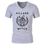 Village Witch Graphic Tee - Unisex V-Neck Shirt - Free Shipping-Black on Heather Gray-S-