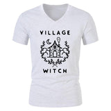 Village Witch Graphic Tee - Unisex V-Neck Shirt - Free Shipping-Black on White-S-