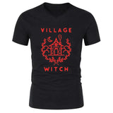 Village Witch Graphic Tee - Unisex V-Neck Shirt - Free Shipping-Red on Black-S-