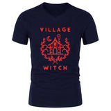 Village Witch Graphic Tee - Unisex V-Neck Shirt - Free Shipping-Red on Navy-S-