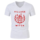 Village Witch Graphic Tee - Unisex V-Neck Shirt - Free Shipping-Red on White-S-