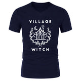 Village Witch Graphic Tee - Unisex V-Neck Shirt - Free Shipping-White on Navy-2XL-