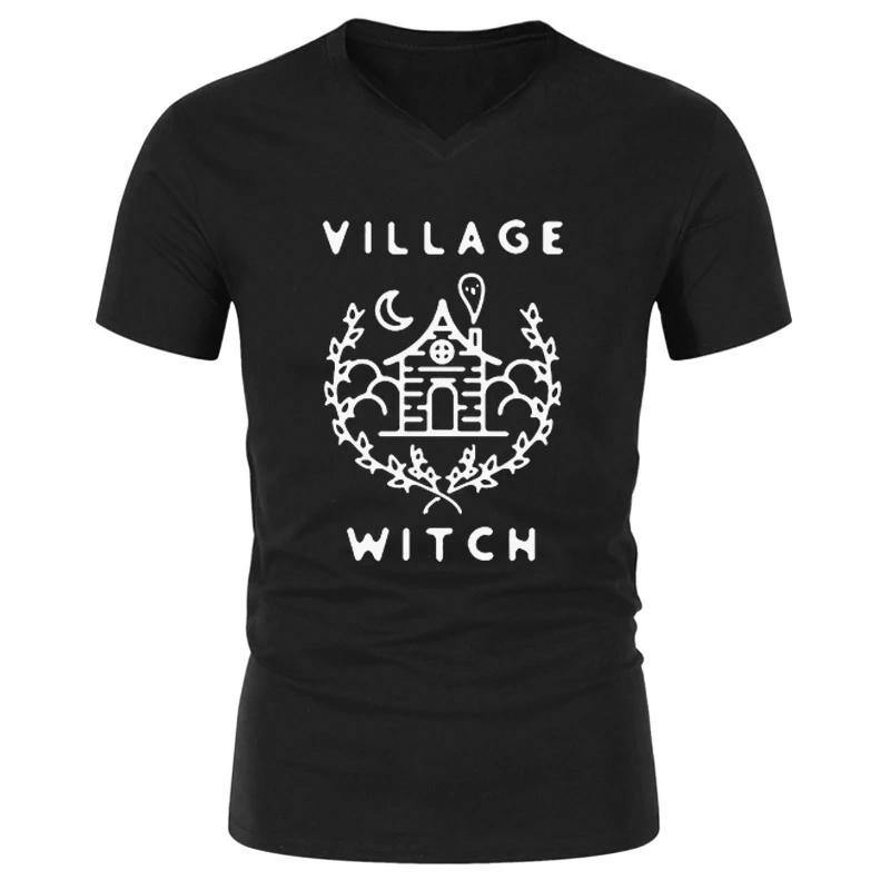 Village Witch Graphic Tee - Unisex V-Neck Shirt - Free Shipping-White on Black-S-