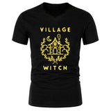 Village Witch Graphic Tee - Unisex V-Neck Shirt - Free Shipping-Yellow on Black-S-