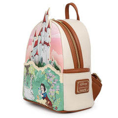 -Vegan faux leather Disney Castle series mini backpack with applique, embroidered, and printed detailing, metal hardware with enamel zipper charm. Suitable for adults and children with adjustable straps. 9x10.5x4.5in Genuine Loungefly, officially licensed-