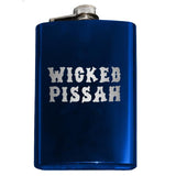 -Funny Boston / New England saying 'Wicked Pissah' Flask. Engraved 8oz Top Shelf Stainless Steel Flask with easy closure screw cap lid. Measures 5.5" tall and 3.75" wide and holds eight shots.Choice of just the flask, flask &amp; stainless steel funnel or with gift box containing stainless steel funnel &amp; shot glasses. This item is fully customizable. For basic customizati-Blue-Just the Flask-725185479396