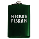 -Funny Boston / New England saying 'Wicked Pissah' Flask. Engraved 8oz Top Shelf Stainless Steel Flask with easy closure screw cap lid. Measures 5.5" tall and 3.75" wide and holds eight shots.Choice of just the flask, flask &amp; stainless steel funnel or with gift box containing stainless steel funnel &amp; shot glasses. This item is fully customizable. For basic customizati-Green-Just the Flask-725185479396