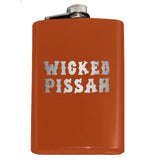 -Funny Boston / New England saying 'Wicked Pissah' Flask. Engraved 8oz Top Shelf Stainless Steel Flask with easy closure screw cap lid. Measures 5.5" tall and 3.75" wide and holds eight shots.Choice of just the flask, flask &amp; stainless steel funnel or with gift box containing stainless steel funnel &amp; shot glasses. This item is fully customizable. For basic customizati-Orange-Just the Flask-725185479396