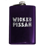 -Funny Boston / New England saying 'Wicked Pissah' Flask. Engraved 8oz Top Shelf Stainless Steel Flask with easy closure screw cap lid. Measures 5.5" tall and 3.75" wide and holds eight shots.Choice of just the flask, flask &amp; stainless steel funnel or with gift box containing stainless steel funnel &amp; shot glasses. This item is fully customizable. For basic customizati-Purple-Just the Flask-725185479396