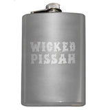 -Funny Boston / New England saying 'Wicked Pissah' Flask. Engraved 8oz Top Shelf Stainless Steel Flask with easy closure screw cap lid. Measures 5.5" tall and 3.75" wide and holds eight shots.Choice of just the flask, flask &amp; stainless steel funnel or with gift box containing stainless steel funnel &amp; shot glasses. This item is fully customizable. For basic customizati-Stainless Steel-Just the Flask-725185479396