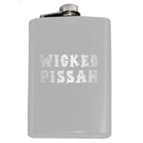 -Funny Boston / New England saying 'Wicked Pissah' Flask. Engraved 8oz Top Shelf Stainless Steel Flask with easy closure screw cap lid. Measures 5.5" tall and 3.75" wide and holds eight shots.Choice of just the flask, flask &amp; stainless steel funnel or with gift box containing stainless steel funnel &amp; shot glasses. This item is fully customizable. For basic customizati-White-Just the Flask-
