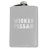 -Funny Boston / New England saying 'Wicked Pissah' Flask. Engraved 8oz Top Shelf Stainless Steel Flask with easy closure screw cap lid. Measures 5.5" tall and 3.75" wide and holds eight shots.Choice of just the flask, flask &amp; stainless steel funnel or with gift box containing stainless steel funnel &amp; shot glasses. This item is fully customizable. For basic customizati-