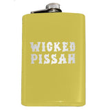 -Funny Boston / New England saying 'Wicked Pissah' Flask. Engraved 8oz Top Shelf Stainless Steel Flask with easy closure screw cap lid. Measures 5.5" tall and 3.75" wide and holds eight shots.Choice of just the flask, flask &amp; stainless steel funnel or with gift box containing stainless steel funnel &amp; shot glasses. This item is fully customizable. For basic customizati-Yellow-Just the Flask-725185479396