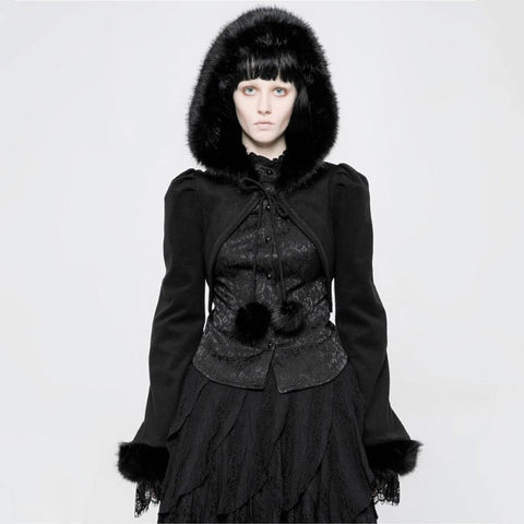 Punk Rave ILSA SHRUG Hooded Victorian Gothic Faux Rabbit Fur Jacket -Black-XS-