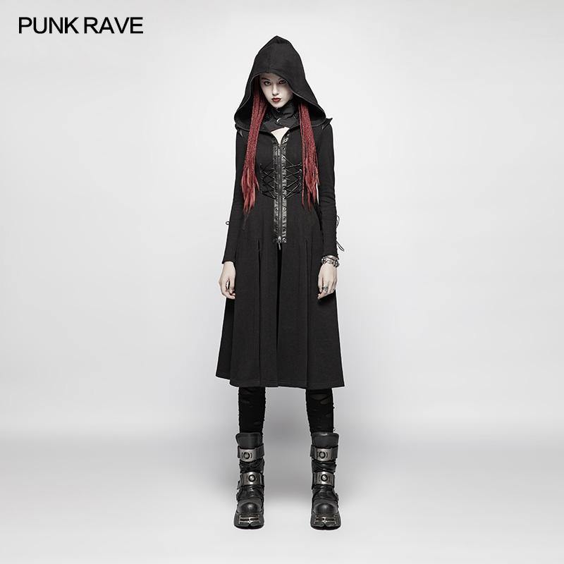 Alien Nation Coat, Punk Rave Gothic Women's Long Hooded Jacket Cloak-Black-XS-S-