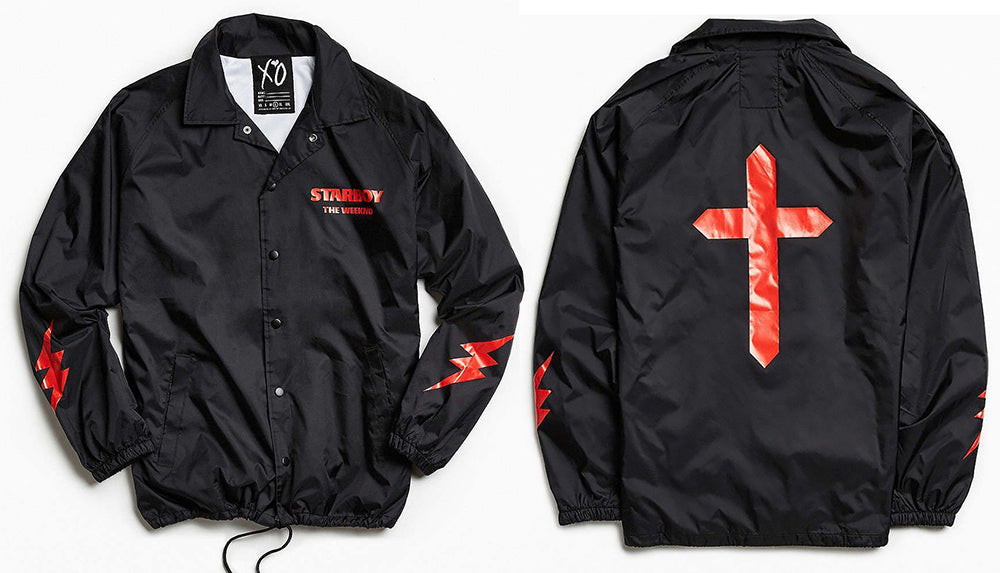 The Weeknd Limited Edition Starboy Coaches Jacket, Ltd Ed Windbreaker-Hard-to-find limited edition 'Coach Jacket' from The Weeknd Starboy collection.Black jacket with bold red graphics, cross on reverse, lightning on sleeves, text on chess. Durable nylon, raglan sleeves, full-length snap button closure and drawcord at the hem. Genuine, official The Weeknd XO music merch. Ships from USA-Black-S-