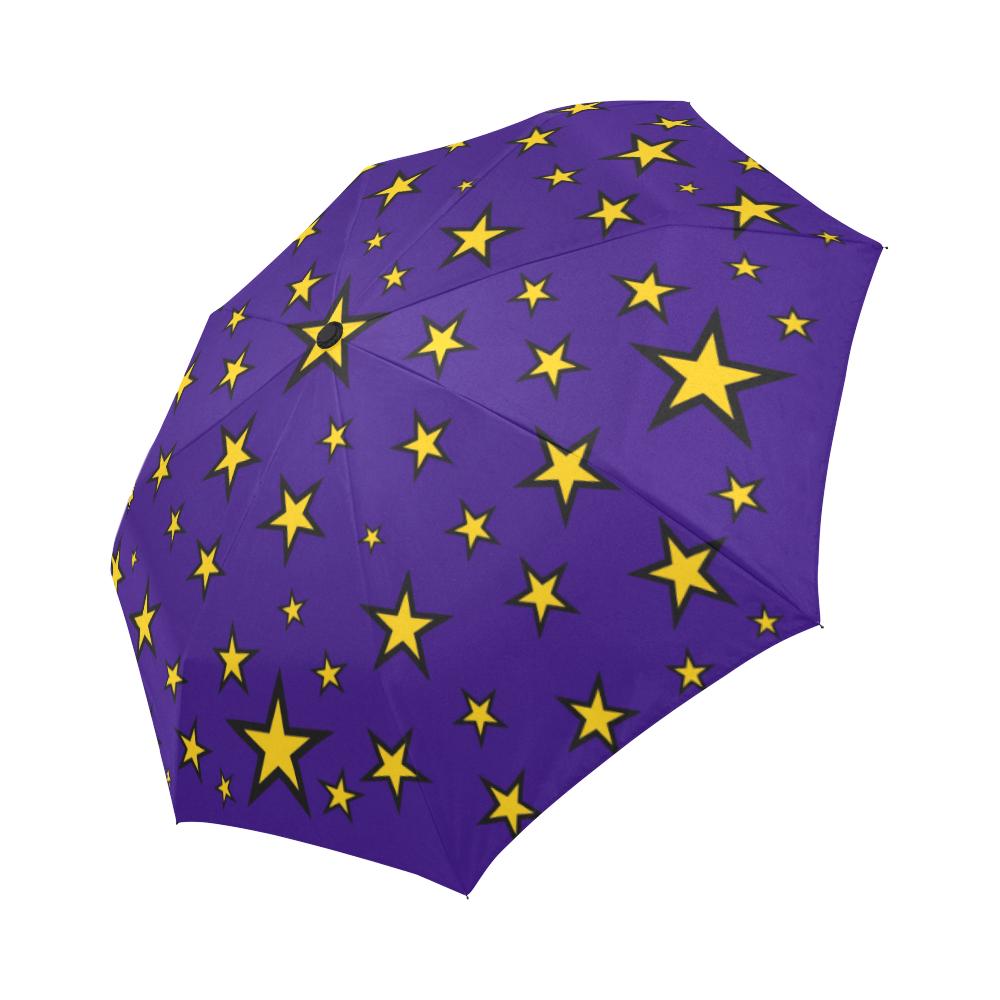Wizard Star Pattern Automatic Umbrella, Compact Standard or Anti-UV-High quality compact automatic umbrella with automatic open and close system. Sturdy and well constructed. Standard or heavy duty anti-UV versions available. Waterproof polyester pongee with colorfast and fade resistant design. Unique retro vintage magic tattoo fortune teller cartoon wizard star design.-Deep Purple-Standard-