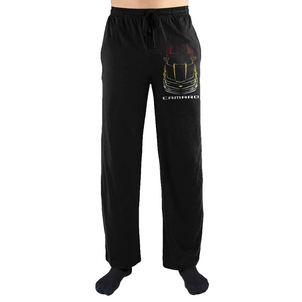 Chevy Camaro Car Print Lounge Pants, Official Chevrolet Sweatpants-Rumored in 1965 and debuting in 1966, the Chevrolet Camaro has been a staple among supercars. These soft unisex sweatpants are made from a cotton/poly blend with elastic waistband and drawstrings. Stylized line drawing and text logo are centered on the left leg. Officially licensed Chevrolet sleepwear / loungewear. -BLACK-S-